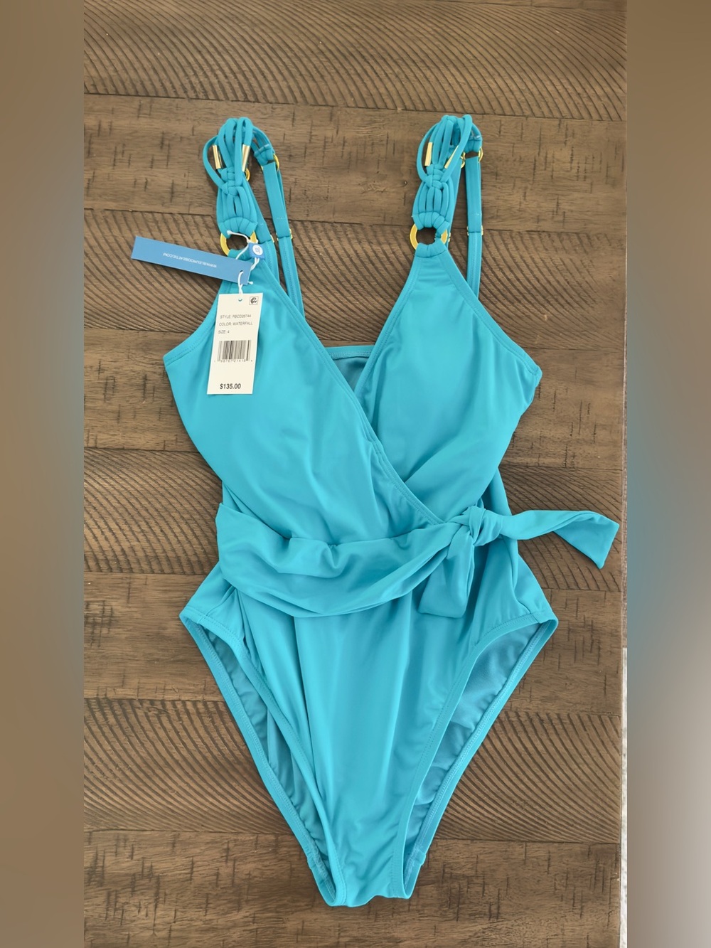 Bleu Rod Beattie W’s Swim Suit w Side Tie&Gold Hardware|Size 4|Color: Waterfall